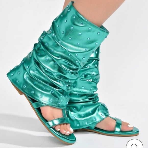 Cape Robbin Shoes - Cape Robbin Metallic Teal Ruched Open-Toe Sandals